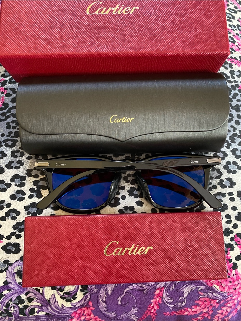 Cartier Made in Italy Black Shiny Silver Logo Unisex Luxurious Sunglasses NWT